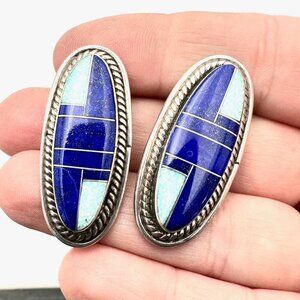 Native American Melvin Francis Womans Earrings Sterling Silver Opal Lapis Clip